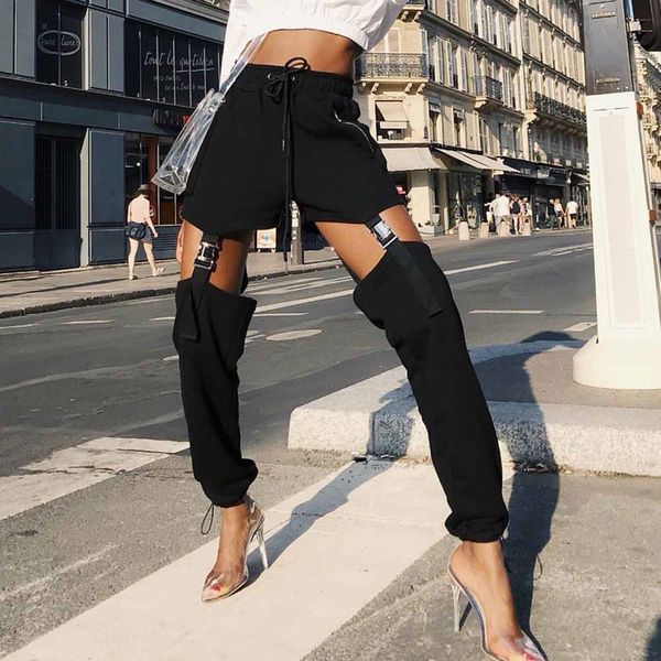 

2019 trendy black casual pants women autumn 2018 streetwear kpop fashion long trousers punk style fitness joggers sweatpants, Black;white