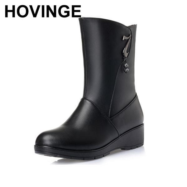 

hovinge fashion 2018 autumn winter women boots genuine leather shoes women mid calf boots warm casual snow, Black
