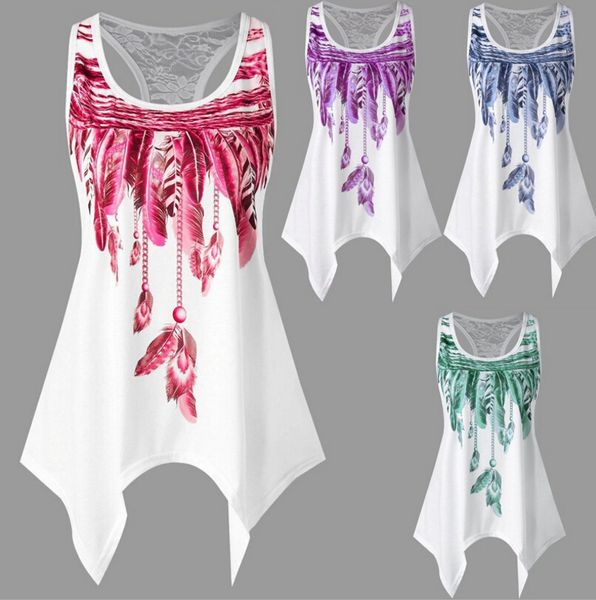 

women summer tank lace feather print fashion tees for female leisure vest, White