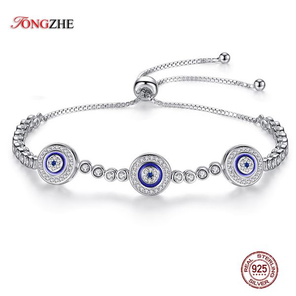 

tongzhe luxury round blue evil eyes crystal tennis bracelet 100% 925 sterling silver women men lucky hamsa bracelet jewelry, Golden;silver