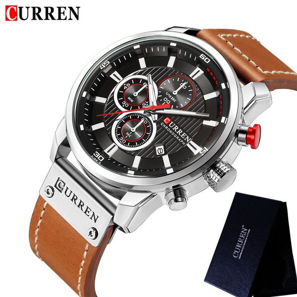 

curren mens watches fashion casual waterproof chronograph date genuine leather sport male clock 8291, Slivery;brown
