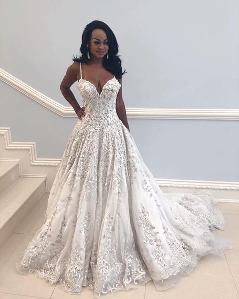 

vintage ivory luxury wedding dresses straps spaghetti a line tulle lace bridal gown long train custom made wedding gown, White
