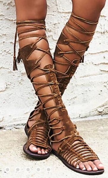 

Women ummer knee high boot boho tyle flat andal cro tie gladiator hoe bohemia fringe flat heel cut out lace up andali boot