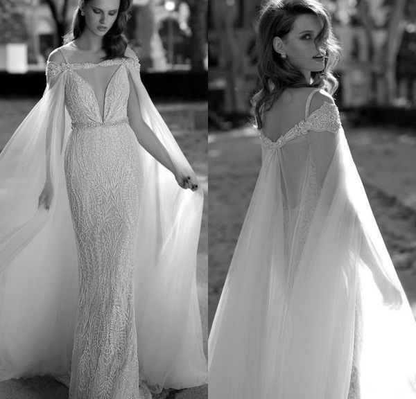 

берта 2018 русалка свадебные платья с обертыванием спагетти v шеи спинки bedaed свадебные платья полный кружева на заказ vestidos де novia, White