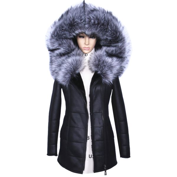 Großhandel-Fabrik direkter Lieferant Winterjacke Frauen Mäntel dicke künstliche Mode schlanke Wildleder weibliche Modelle Leder Fuchs Pelzkragen h1z1