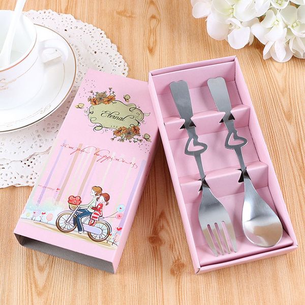 

2pcs/set stainless steel tableware dinnerware set heart spoon fork wedding favor gift souvenir for guest