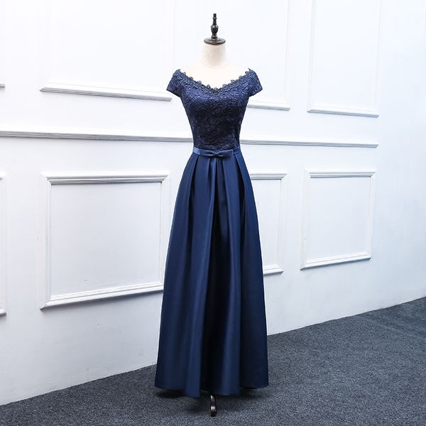 Mãe elegante da noiva vestidos de cetim azul marinho com top de renda com decote em v lace-up com zíper de volta até o chão da mãe vestidos baratos