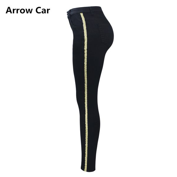 

arrow car women black jeans with golden side stripe fashion stretchy denim skinny pencil pants trousers for women size 3xl, Blue