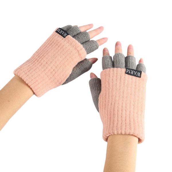 

winter gloves women ladies half finger gloves fingerless patchwork thicken double lined winter warm mittens for gift, Blue;gray
