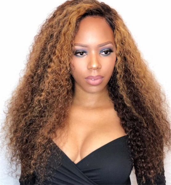 

honey blonde ombre full lace human hair wigs glueless virgin peruvian kinky curly remy hair lace front wig two tone color 1b 30, Black;brown