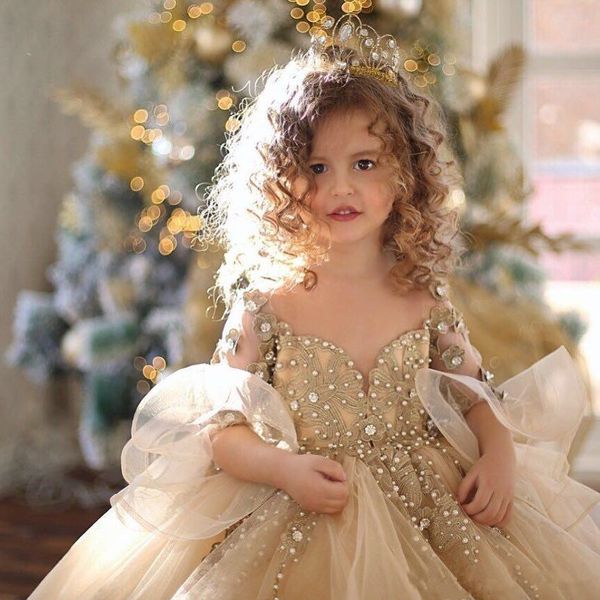 2020 Şampanya Balo Çiçek Kız Elbise Uzun Kollu İnciler Dantel Aplikler Prenses Kabarık Çocuklar Pageant Doğum Günü Abiye
