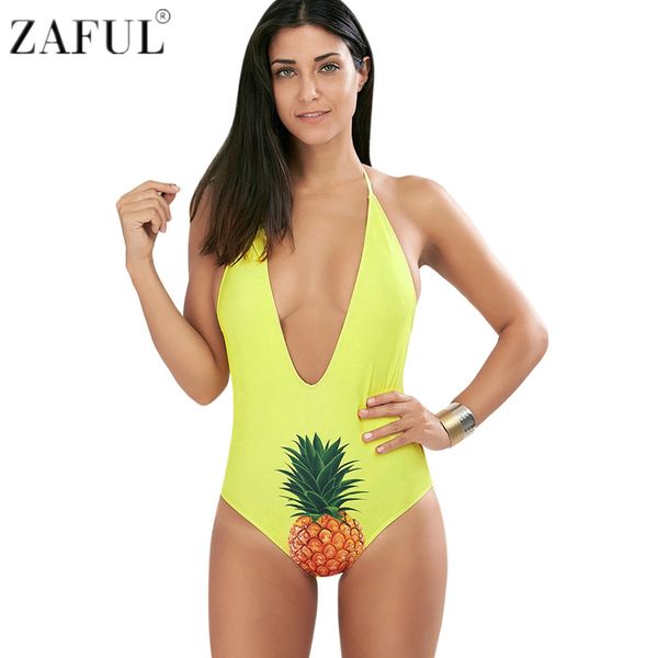 

zaful 2017 halter pineapple plunge swimsuit unique print one piece swimwear backless bodysuit retro beach bathing suit, White;black