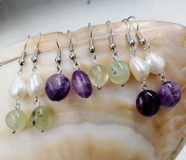 

one pair freshwater pearl white baroque amethyst/prehnite earrings fppj wholesale beads nature, Golden;silver