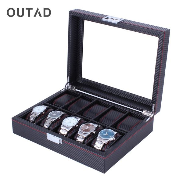 

outad 10 grids wooden watch box carbon fibre pattern watch storage box display slot case, Black;blue