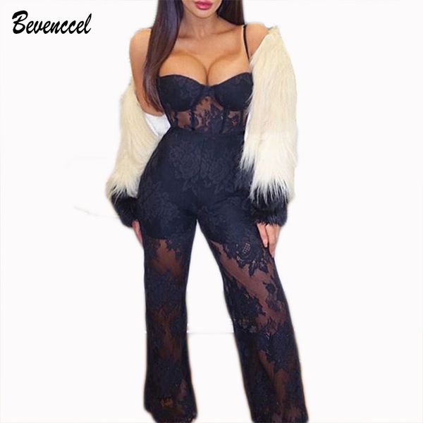 

2018 women summer straps bandage jumpsuit chic sleeveless lace patchwork elegant two piece sets bodycon party jumpsuit, Black;white
