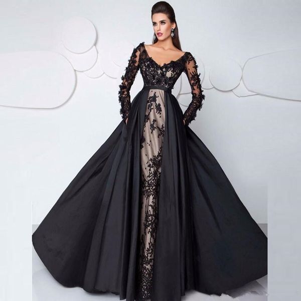 

3d floral lace long sleeve evening pageant dresses with detachable train 2018 plus size off shoulder dubai occasion prom wear gowns, Black;red