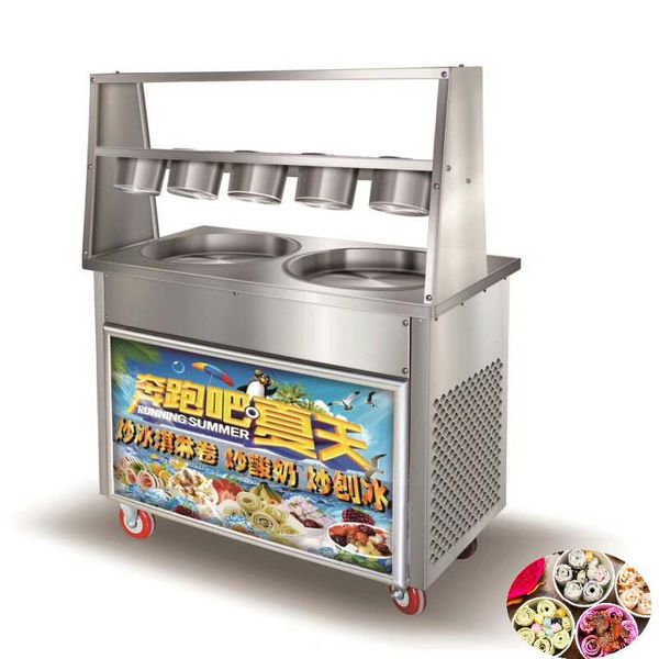 BEIJAMEI Double Round Pan Fried Ice Cream Roll Machine 110v 220v Flat Pan Thailand Fried Ice Cream Machine 5 Buckets