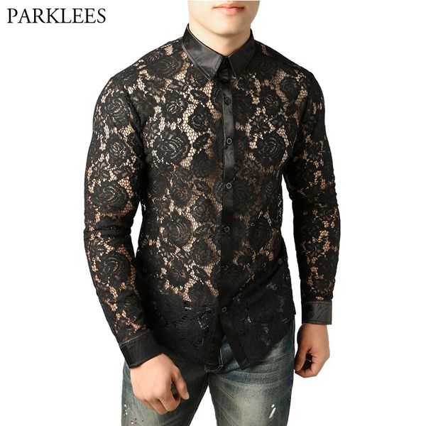 

lace rose floral shirt men 2018 brand new long sleeve mesh see through dress mens shirts nightclub prom transparent shirt, White;black