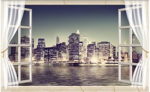 Personalizado foto papel de parede 3d estéreo janela bela cidade night view 3d tv fundo mural art parede para sala de estar grande pintura home decor