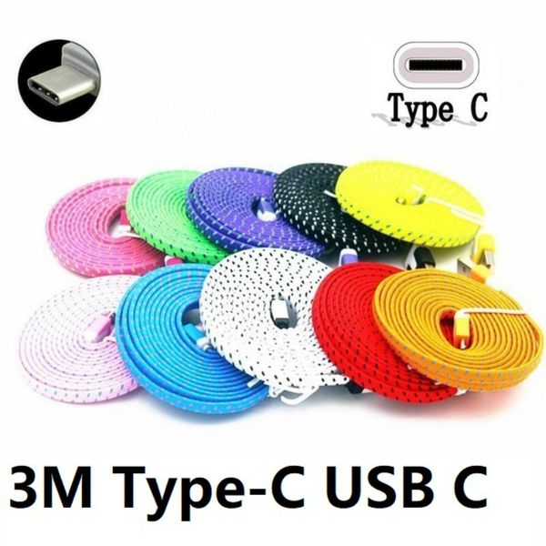 

3m 10ft cable for samsung huawei usb flat braided wire data sync cloth woven colorful cord woven cable for type-c usb c