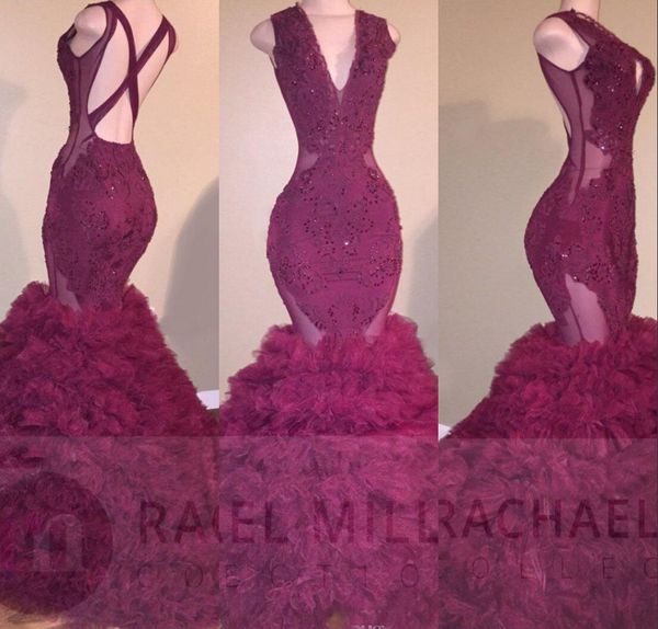 

2018 purple mermaid prom dre e v neck cri cro backle puffy tiered lace applique long beaded illu ion evening party gown wear