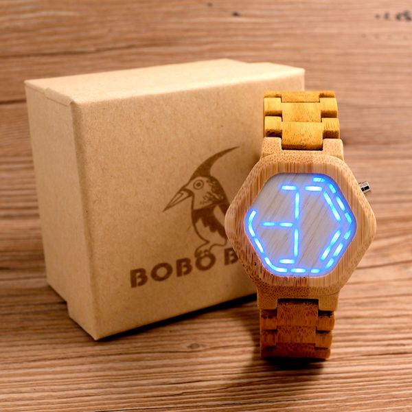 

BOBO BIRD LED Bamboo Wood Watches Digital Watch Men Kisai Night Vision Calendar Wristwatch for Men Minimal Time Display C-eE03