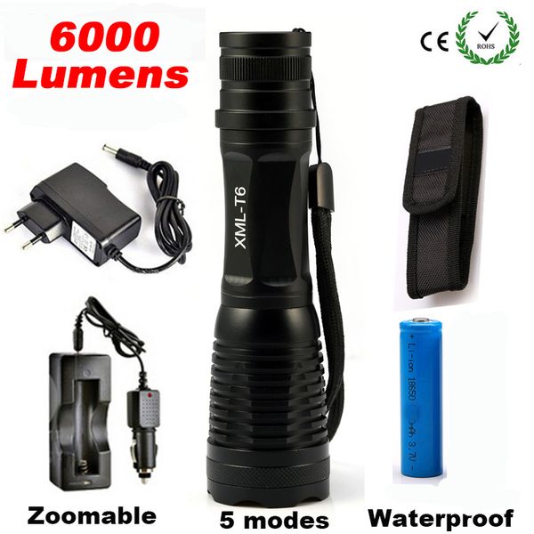 

6000lm cree xml t6 high power led aluminum led torch zoomable flash light torch lamp+charger+ battery+holster holder