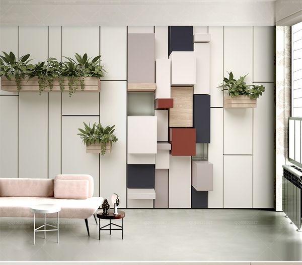 

retail fashion geometric cube mosaic fresh green plant potted tv background wall solid geometry bonsai mural