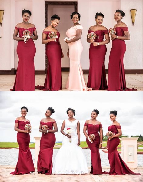 

2020 new design burgundy mermaid off shoulders long bridesmaid dresses lace appliqued satin wedding party guest wear arabic african wear, White;pink