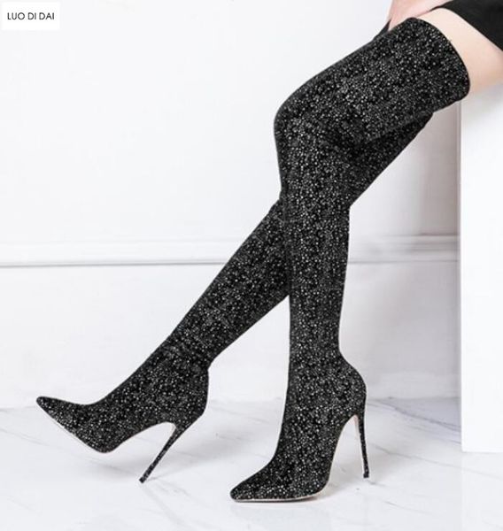 

2018 new women high heels fashion boots elastic cloth thigh high boots glitter women booties over knee high booties shiny mujer botas, Black