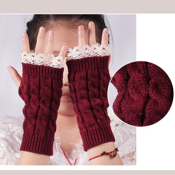 

fashioin female gloves autumn winter warm knitting mittens for women striped solid white lace stretch knit gloves, Blue;gray