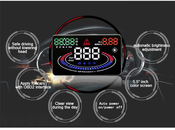 

5.5 inches safe driving car hud obd2 head up display auto windshield projector overspeed warning fuel consumption monitor