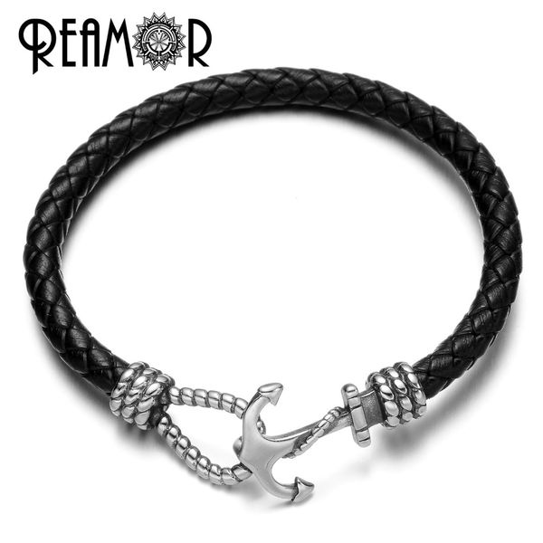 

reamor 17-21cm 316l stainless steel anchor charms bracelet men wristband genuine leather women bracelets trendy jewelry, Golden;silver