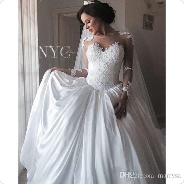 Abiti da sposa trasparenti a maniche lunghe in raso Abiti da sposa in pizzo Illusion Bottoni sul retro Abiti da sposa gonfi principessa bianco avorio Stile Aso Ebi