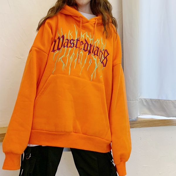 

street hip-hop, dark, pure color, letter, embroidery, loose bf, hooded, cashmere sweatshirt men and women hoodies, Black