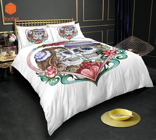 3d Sugar Flowers Heart Skull Bedding Set Pillowcases Duvet Cover
