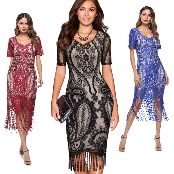 

women's clothing 2018 summer lace tassel plus size black & white boho bodycon pencil dresses for womens evening dress women clothes, Black;gray