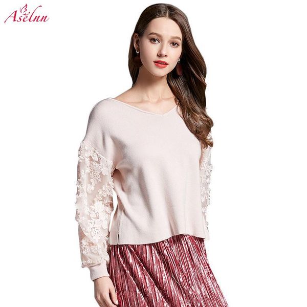 

aselnn 2018 autunmn women japan style cute sweater chiffon lace stitching puff sleeve v-neck knitted pullovers female, White;black