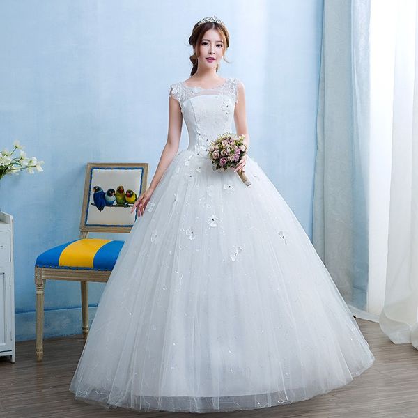 

grils new spring and summer o-neck perfect fashion lace ball gown wedding dress 2018 bride dresses vestido de noiva with flower, White