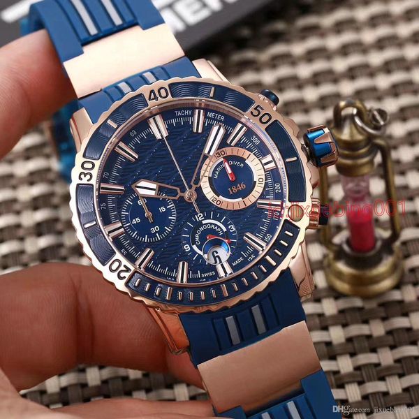 

Famous Brand Luxury UN Men auto date Watches Ulysse Marine Rose Gold Stainelss Blue Face Rubber Strap Date Modern Mens quartz Wristwatch