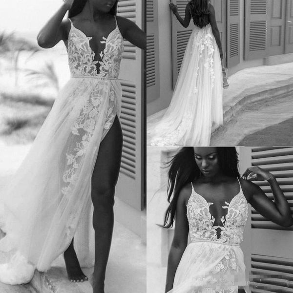 Sexy Spaghetti Beach Trouwjurken Modest Lace Floral Fairy Tulle Backless Vintage Bohemian Country Bridal Infromal Dress