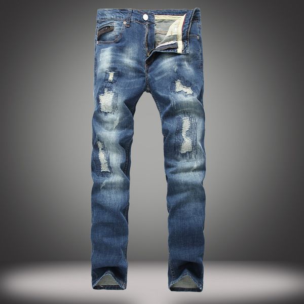 

2018 urban hip hop hombre jeans mens knee holes slim patch jeans man classic bule ripped denim pants torn straight trousers male, Blue