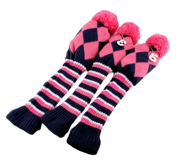 

knit 3pcs headcover set vintange pom pom sock covers 1-3-5 pink