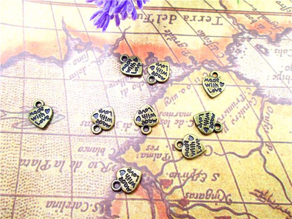 

150pcs--made with love,heart charms,antique bronze heart "made love" pendants,tear drop,jewelry making 12x10mm, Bronze;silver