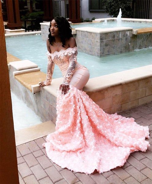 

off the shoulder long sleeves appliques lace illusion bodice pink mermaid prom dresses satin flowers african party dresses sweep train, Black