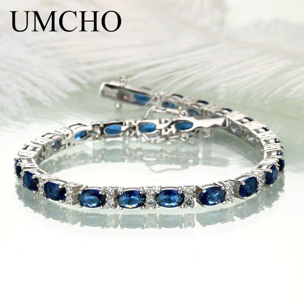 

umcho real 925 sterling silver jewelry oval created nano blue sapphire bracelet romantic charm bracelets for women gifts, Golden;silver