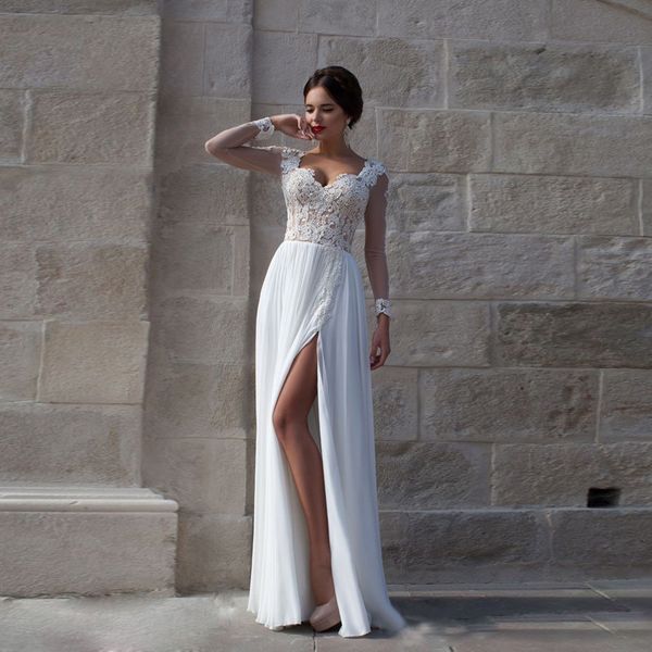 

high splits wedding dress sweetheart appliques lace see through back long sleeve chiffon wedding dresses vestido de noiva, White