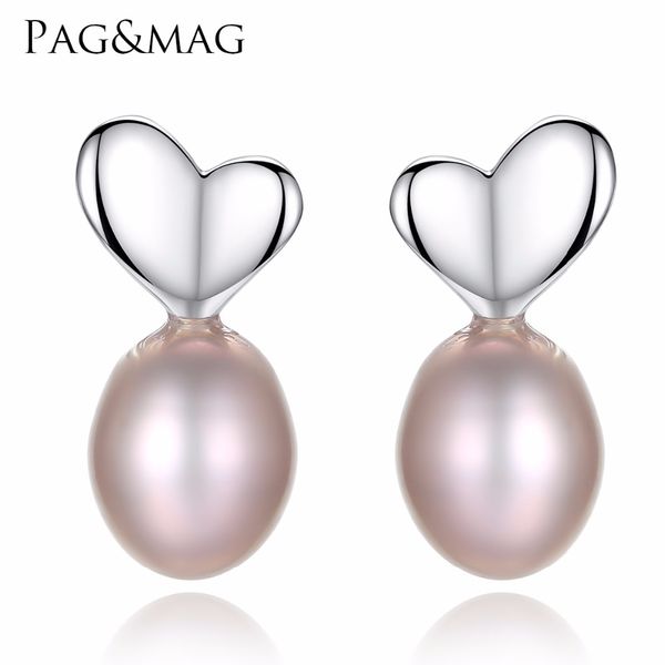 

pag&mag romantic exquisite love heart stud earrings for women 925 sterling silver freshwater natural pearl wedding jewelry gift, Golden;silver