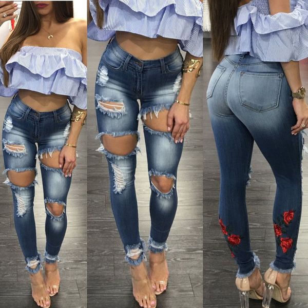 

2018 new arrivals women ladies stretch ripped skinny high waisted jeans fashion flower pencil pants jeans, Blue