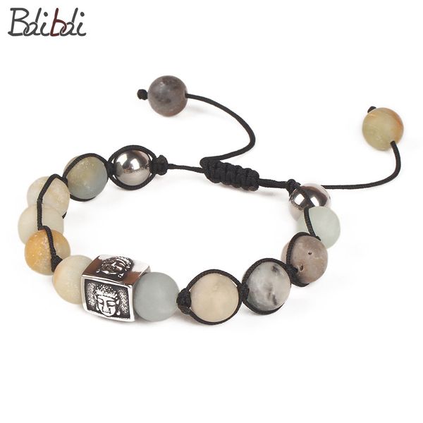 

balibali square buddha head charms men bracelet 10 mm natural stone beads braided rope women fashion bangle jewelry gift, Black